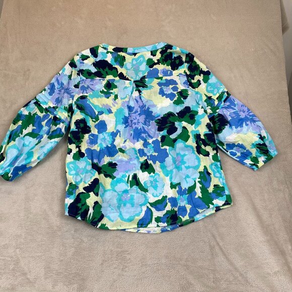 Charter Club Womens Blouse Medium 100% Linen Blue Floral Square Neck Boho - Picture 9 of 9